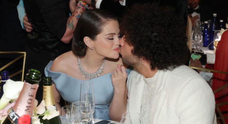 Selena Gomez Beams in Princess-Like Gown and Blinding Bling as Fiancé Benny Blanco Kisses Her at 2025 Golden Globes