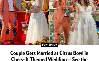 Couple Gets Married at Citrus Bowl in Cheez-It Themed Wedding — See the Custom Orange Cake and Cracker Ring! (Exclusive)