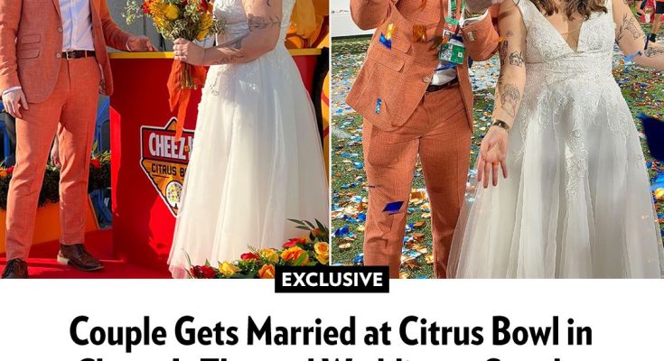 Couple Gets Married at Citrus Bowl in Cheez-It Themed Wedding — See the Custom Orange Cake and Cracker Ring! (Exclusive)