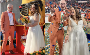 Couple Gets Married at Citrus Bowl in Cheez-It Themed Wedding — See the Custom Orange Cake and Cracker Ring!