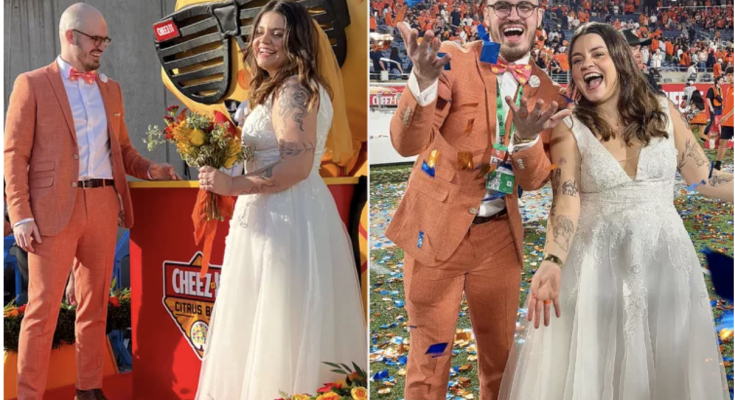 Couple Gets Married at Citrus Bowl in Cheez-It Themed Wedding — See the Custom Orange Cake and Cracker Ring!