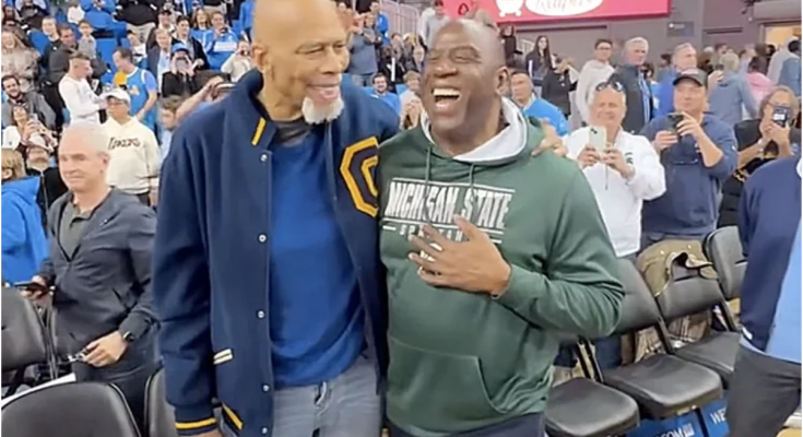 Former Lakers Teammates Magic Johnson and Kareem Abdul-Jabbar Reunite at College Basketball Game