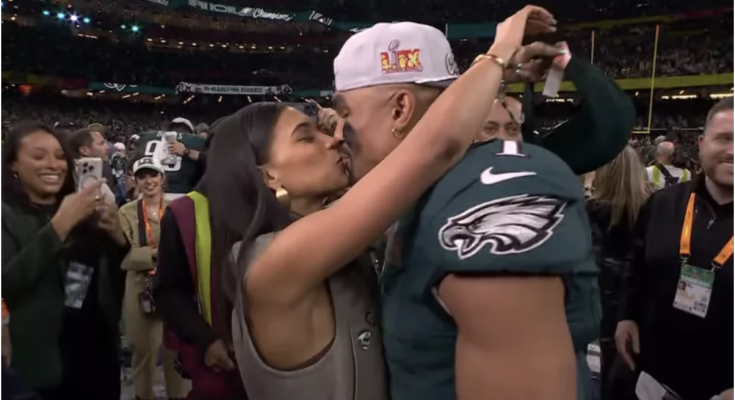 Jalen Hurts and Fiancée Bry Burrows Kiss on Field After He's Named 2025 Super Bowl MVP for Eagles Win